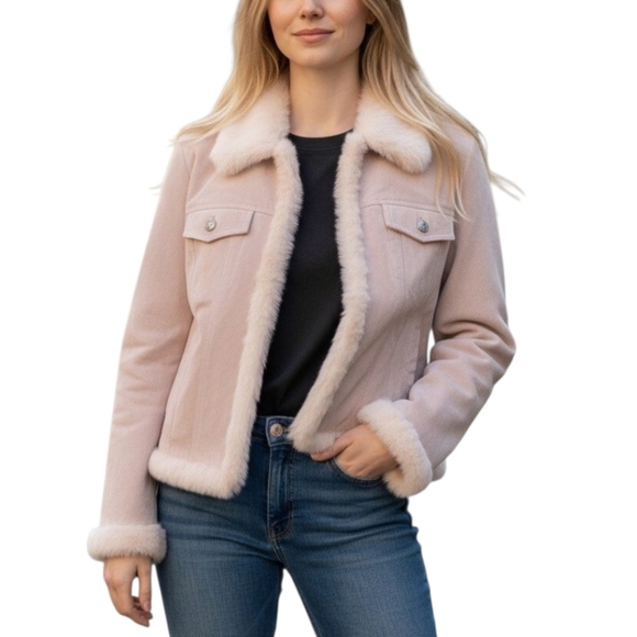 Wilsons Leather Jackets & Blazers - Y2K Wilson’s Leather Maxima Blush Pink Suede Jacket Genuine Rabbit Fur Trim L